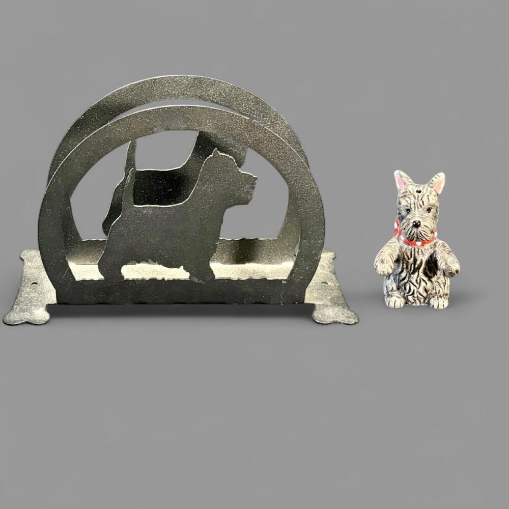 🚨 VINTAGE Scottie, Scottish Terrier Napkin Holder & Scottie Figurine Bow 🐶
